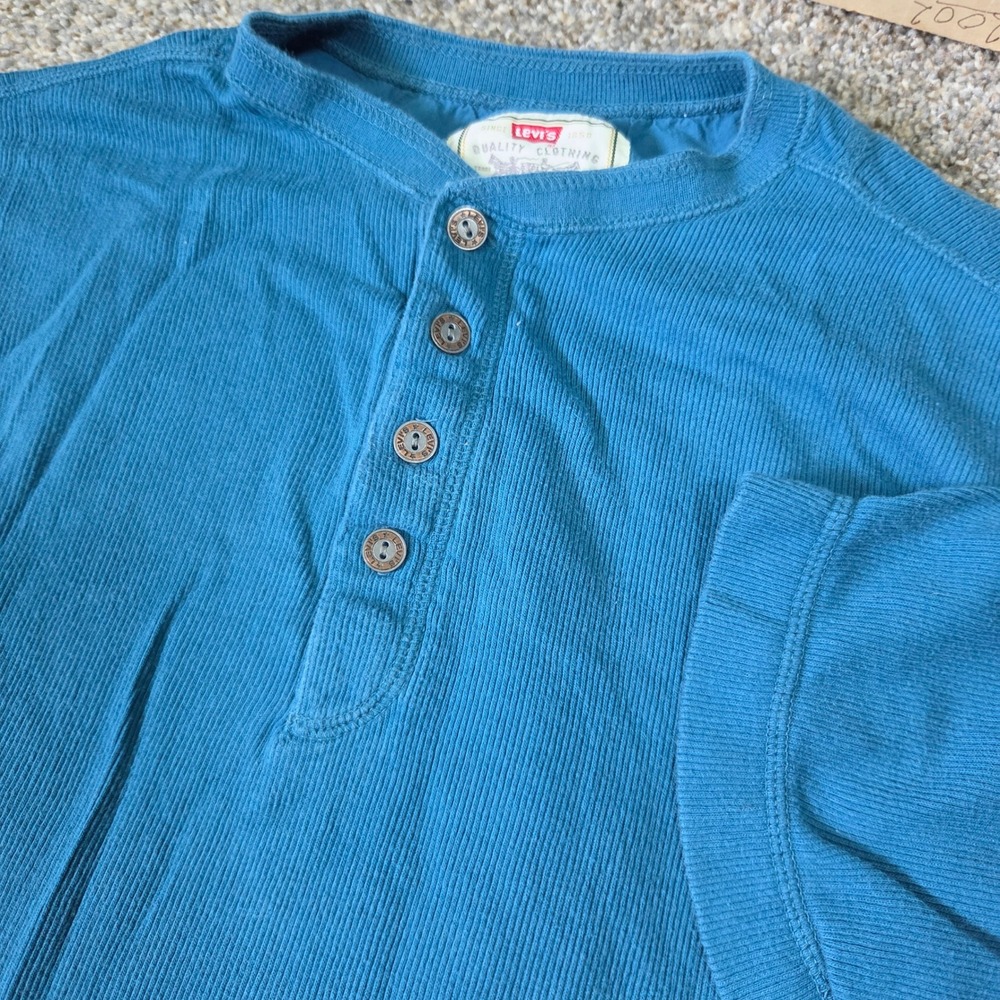 Vintage Levis Mens Large Henley Shirt Short Sleeve Ribbed Teal Blue Cotton 60654